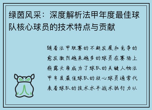 绿茵风采：深度解析法甲年度最佳球队核心球员的技术特点与贡献