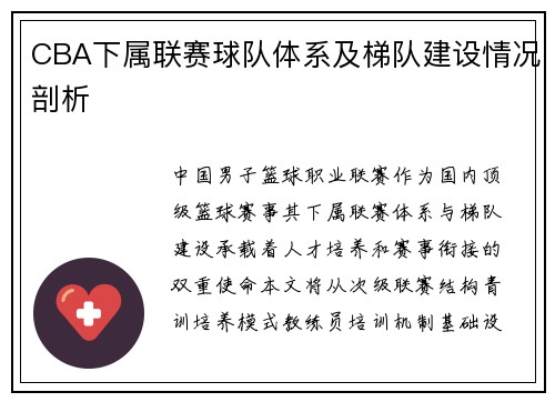 CBA下属联赛球队体系及梯队建设情况剖析